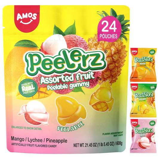 Amos Peelerz Assorted Peelable Gummy – Tropical Peeling Candy Variety Pack | Mango, Lychee & Pineapple | 24 Individual Packs (608g) | Fun, Chewy & Shareable Treat