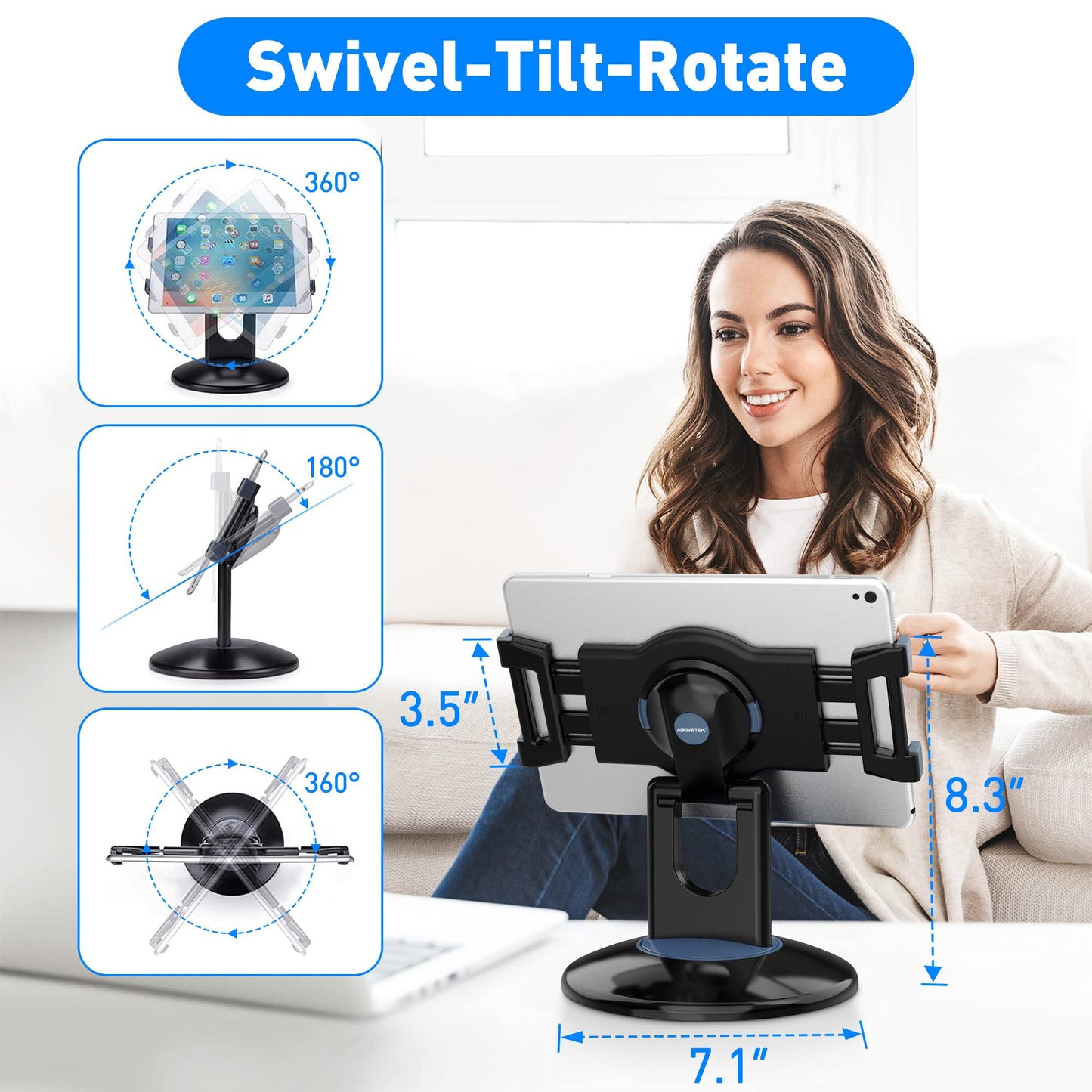 AboveTEK Retail Kiosk iPad Stand, 360° Rotating Commercial POS Tablet Stand, Fits 6"-13" (Screens) iPad mini Pro-Business Swivel Tablet Holder, for Store Office Reception Kitchen Desktop (Black)