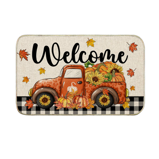 Fall Door Mat, Welcome Fall Outdoor Mat for Front Door, Autumn Pumpkins with Truck Black and White Buffalo Plaid Seasonal Non Slip Doormat for Entrance Entryway Outside, 17x29 Inches