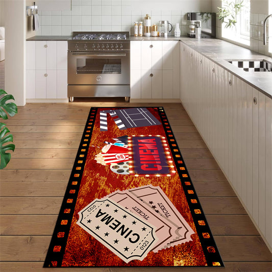 Srocvi Movie Time Long Rug Home Cinema Theatre Clapboard Ticket Popcorn Print Design Carpets for Living Room Retro Red Non-Skid Foldable Long Door Mats for Indoor Kids Bedroom Hallway Porch, 2x10ft