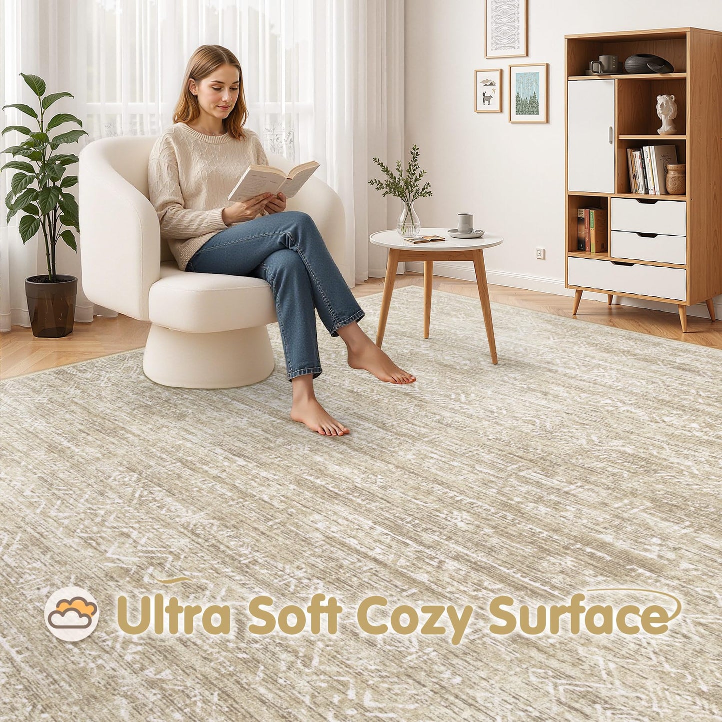 Washable Rug 8x10 Area Rugs: Modern Geometric Rugs for Living Room Non Slip Soft Low Pile Moroccan Indoor Carpet for Bedroom Nursery Dining Room Home Office Children's Room (Beige, 8'x10')