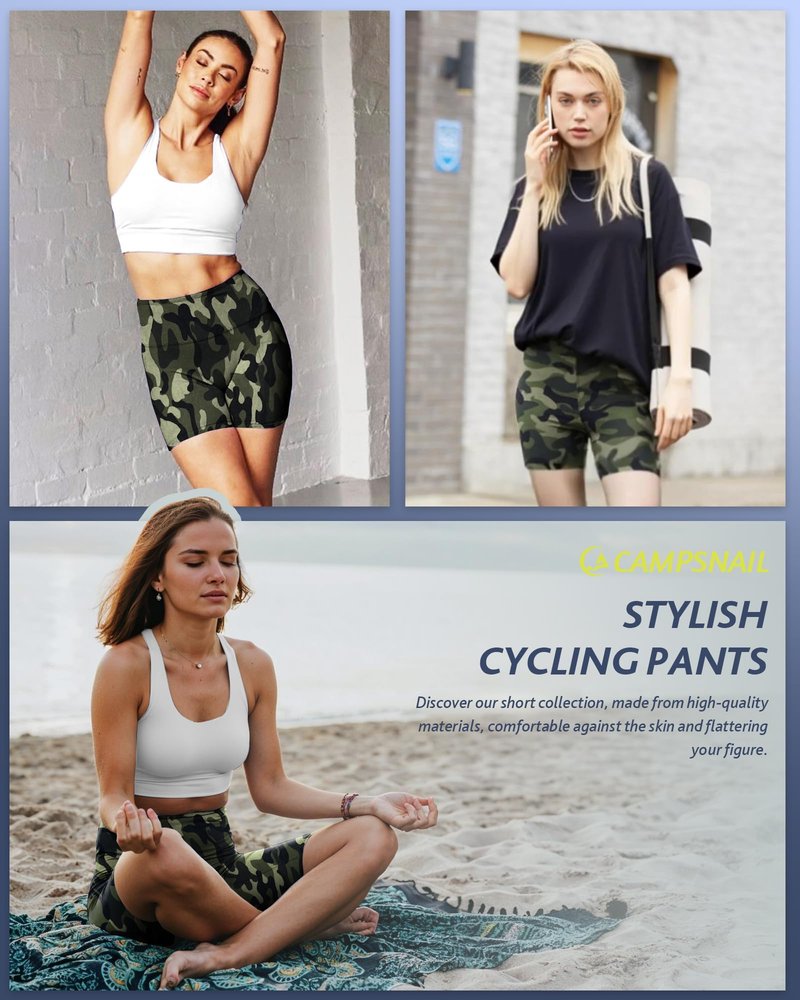 CAMPSNAIL Biker Shorts Women with Pockets - 3"/5"/8" High Waisted Workout Spandex Tummy Control Gym Running Yoga Shorts Green Camo