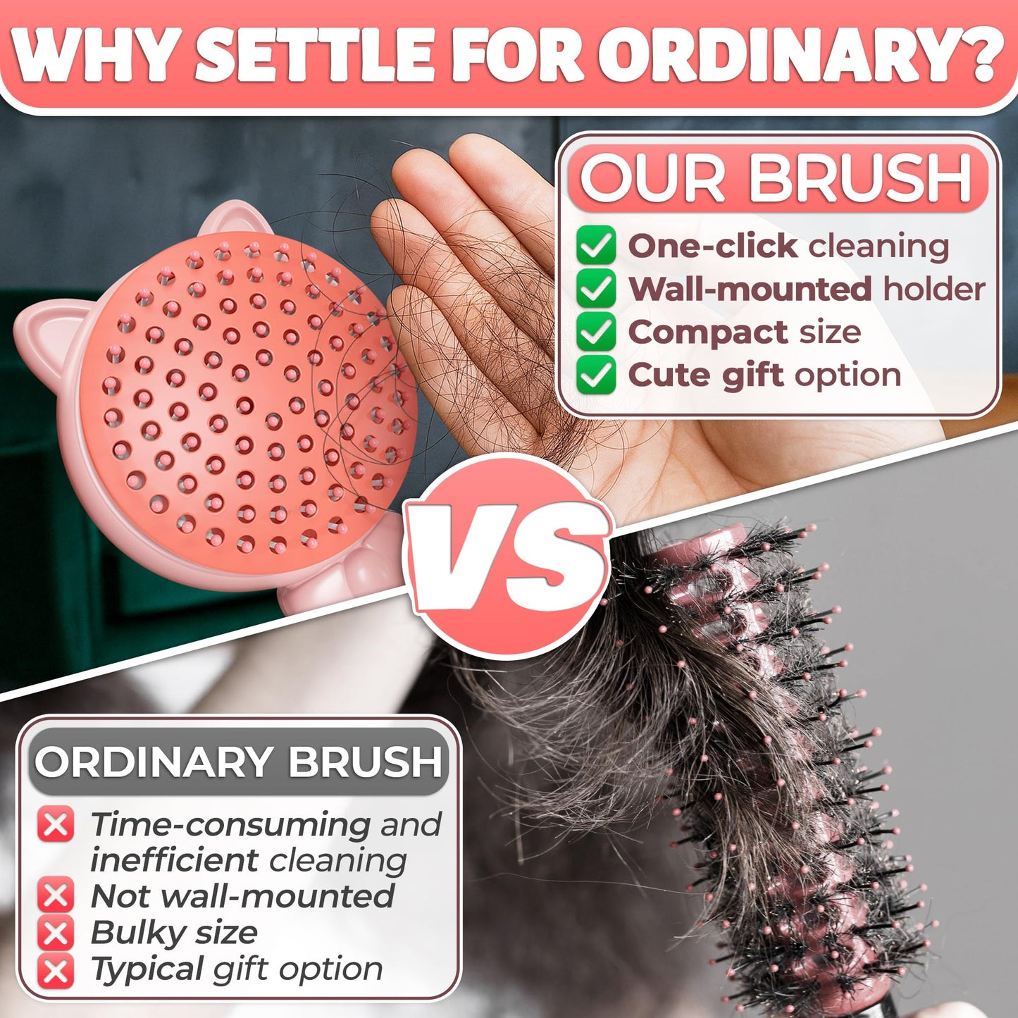Retractable Hair Brush Pink Pig Designed - Compact 7.87 х 3.66 Inches Self Cleaning Hair Brush for Women with Magnetic Attach - Effective Detangling & Self Cleaning Hairbrushes with Soft Bristles