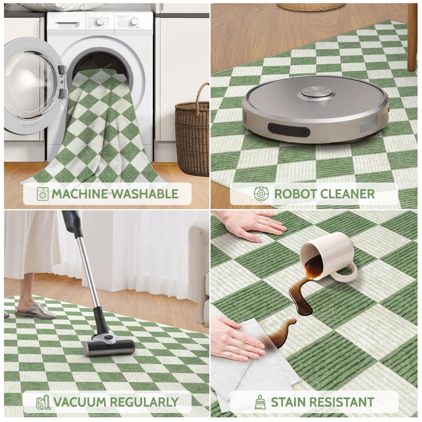 Kiginara Washable Green Checkered Rug 5x7, Non-Slip Low Pile Area Rug for Living Room, Bedroom, Nursery, Modern Neutral Farmhouse Diamond Carpet, Pet & Kid Friendly