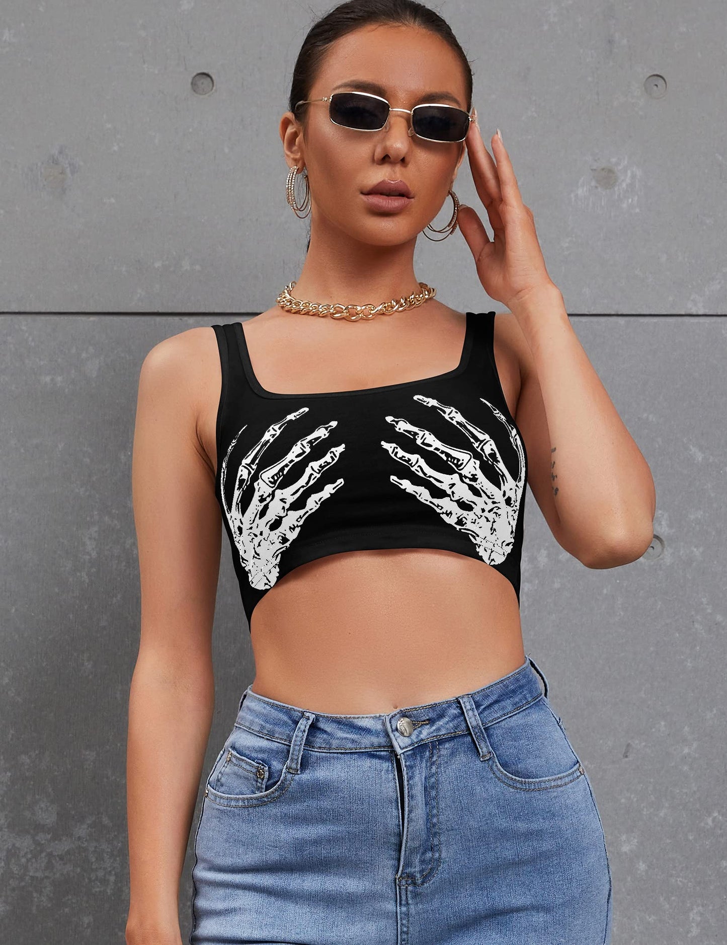 Women's Sexy Skeleton Skull Hand Print Sleeveless Funny Halloween Crop Tank Top Shirts,Small,Black Hand