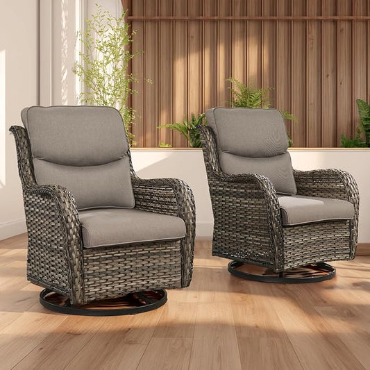 Rilyson Wicker Rocking Chair Swivel Chairs - 2 Piece Rocker Patio Chairs Set Rattan Rocking Chair for Outdoor Porch Deck Garden Backyard (Mixed Grey/Grey/Smile)
