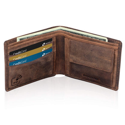moonster® Mens Leather Wallet with RFID Blocking - Keeps Cash and Cards Safe, Organised and Easy to Access - Slim, Minimal Wallets for Men Full Grain Buffalo Leather, Comes in a Stylish Gift Box