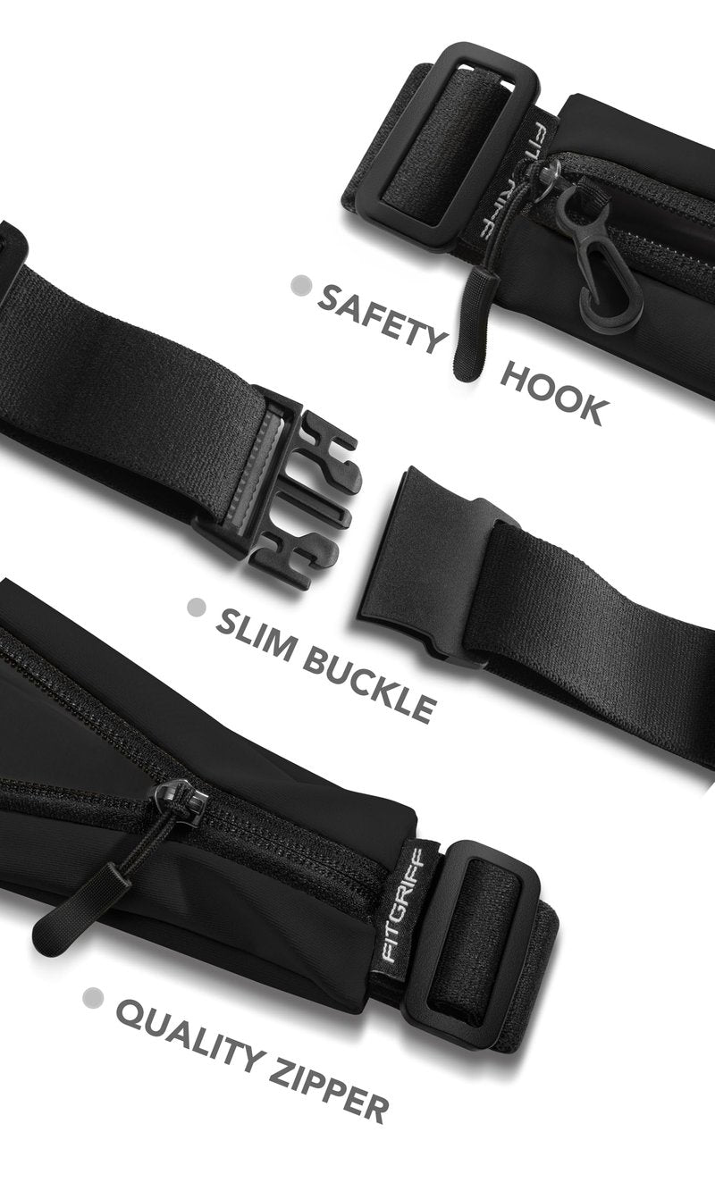 Fitgriff® Running Belt V2 for Men & Women - Slim Fanny Pack, Phone Holder for Jogging, (Fits All Cell Phones) - Money Belt, Runners Waist Pouch (Black, One Size (Waist 24.4 – 43.3 inches))