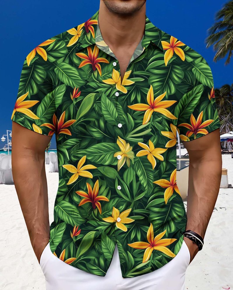 Mens Hawaiian Button Up Shirt Beach Vacation Cruise Tee Summer Tropical Palm Leaf Shirts Casual Unique Pattern Comfy Tops