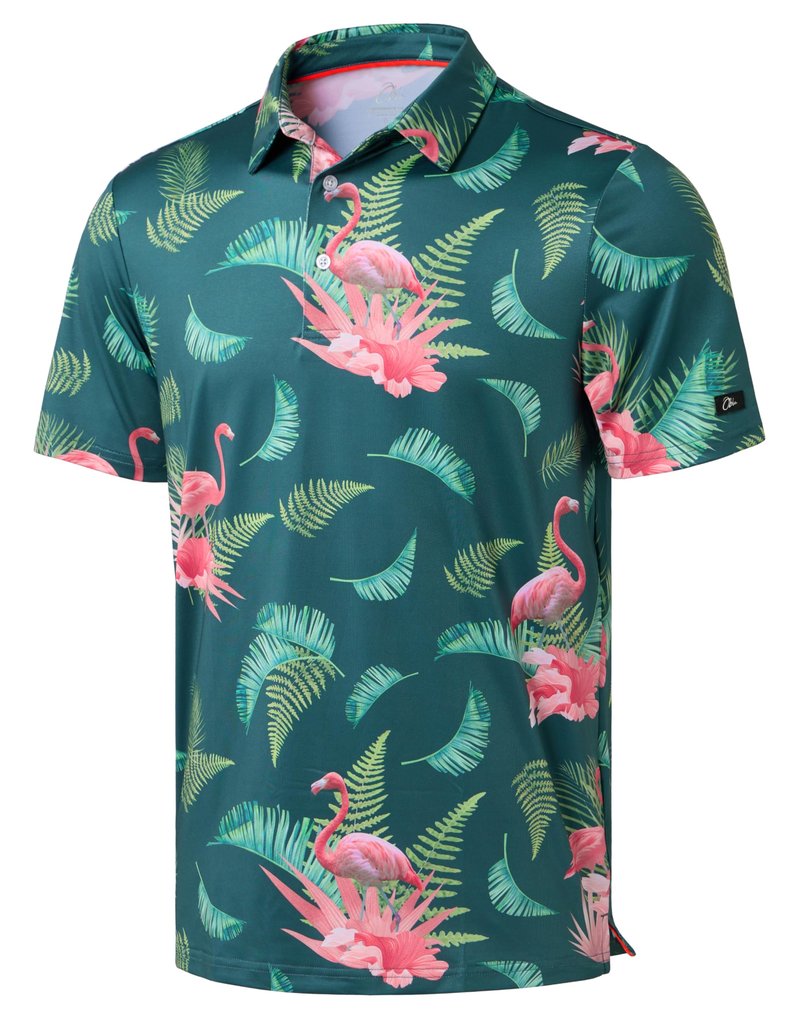 Obla Mens Golf Polo Shirts Short Sleeve Dry Fit Performance Moisture Wicking Casual Print Collared Golf Shirts for Men(Green Flamingo_S)