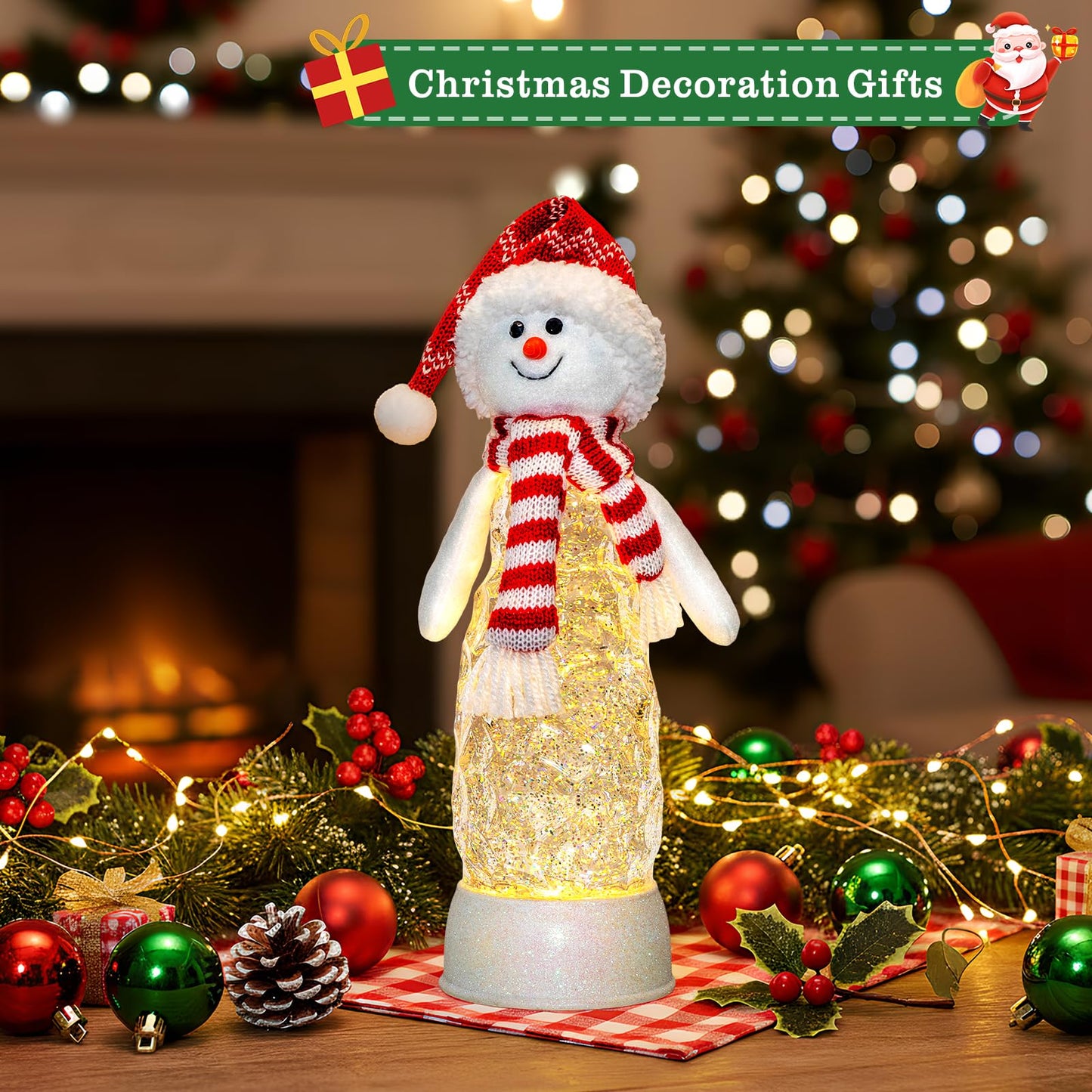 Christmas Snowman Snow Globes Lantern Musical Lighted Water Lantern Snow Globe Swirling Glitter Snowglobes with 6H Timer USB Operated Snowglobe Christmas Decoration for Home & Gift- Red Hat
