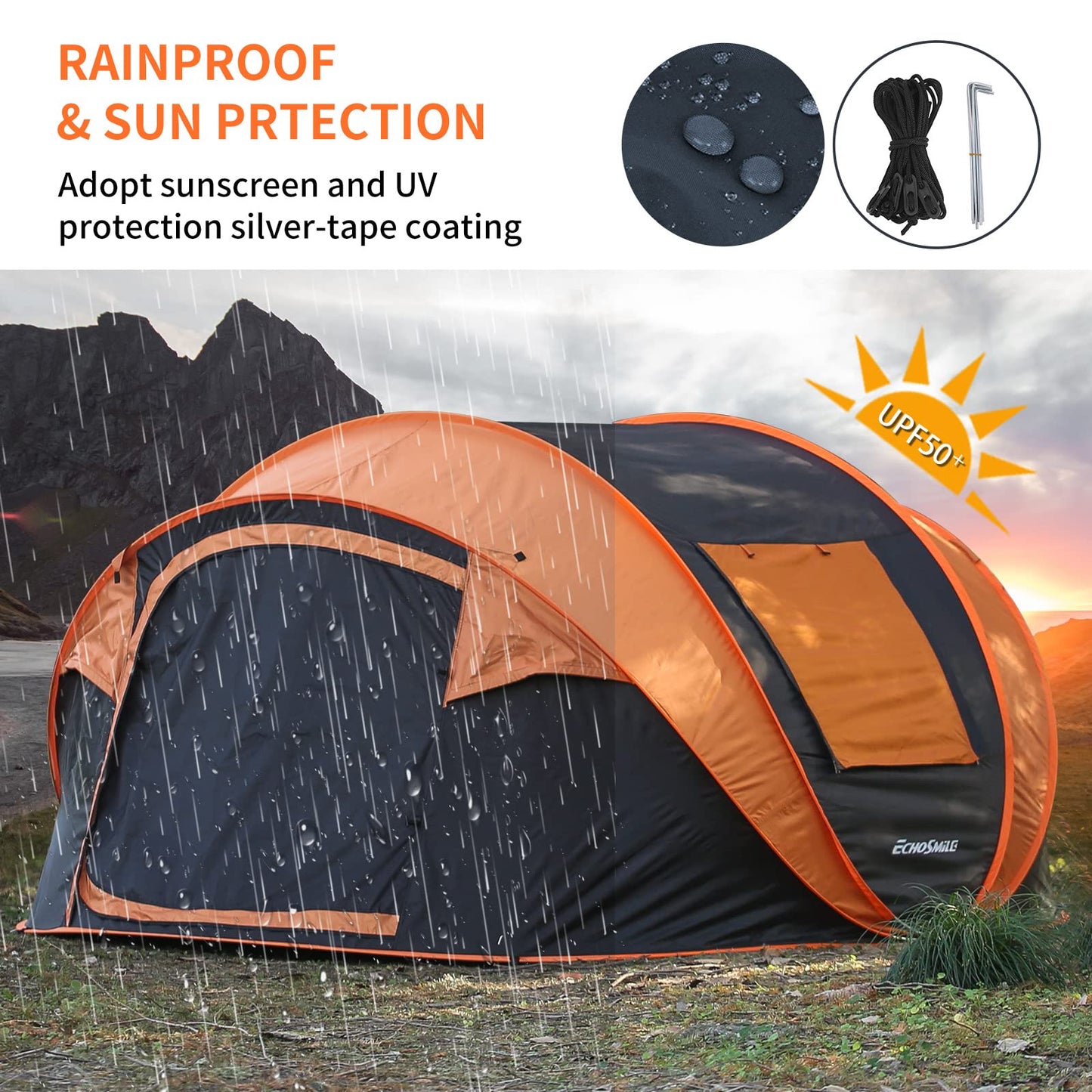 EchoSmile Camping Instant Pop Up Dome Tent, 4/6/8 Person, Water Resistant, Easy Setup for Camping Hiking and Outdoor, Portable with Carry Bag, 3 Season (Black&Orange (5-8 Person))