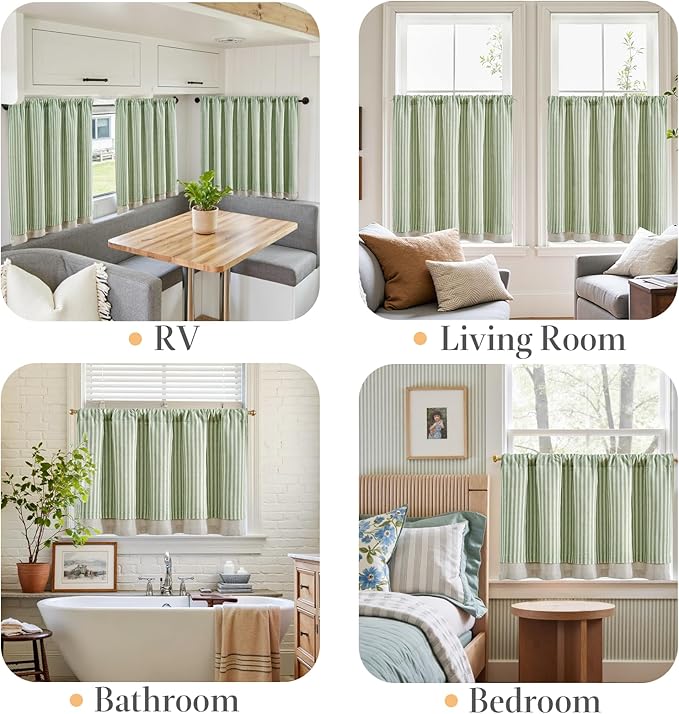 jinchan Double Layer Striped Linen Kitchen Tier Curtain Rustic Cafe for Living Room Bathroom Half Window Curtain Light Filtering Rod Pocket 1 Panel 36 Inch Sage Green