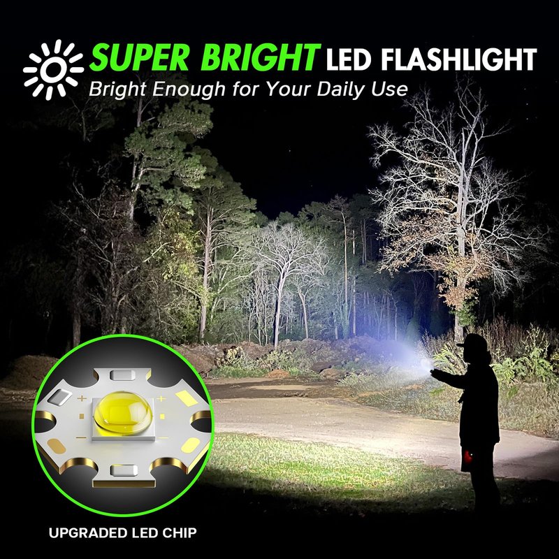 WdtPro LED Flashlight High Lumens SR2000 Pro, 2 Pack Brighter Tactical Flashlights with 5 Modes & Zoomable, Powerful Mini Flash Light for Emergency, Camping, Hiking (Green)