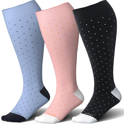 LEVSOX Bamboo Plus Size Compression Socks for Women Men Wide Calf 15-20mmHg Knee High for Pregnancy, Nurse, Travel, 3 Pair-polkadots, 3XL