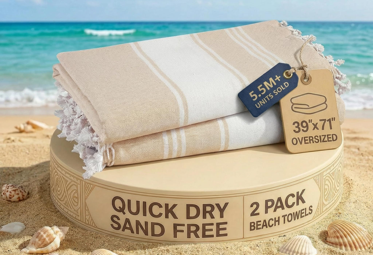 LANE LINEN Oversized Beach Towels, 2 Pack Turkish Towel Set for Adults, Lightweight, Quick Dry, Absorbent & Sand Proof, 39"x71" Pool Towels – Beige