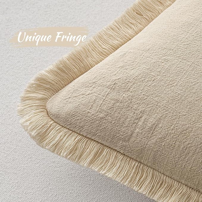 MIULEE Decorative Throw Pillow Covers Neutral Linen Fringe Throw Pillows Euro Shams Set of 2 Beige Boho Farmhouse Cushion Covers for Couch Sofa Bed Living Room Spring Home Decor 22x22 Inch