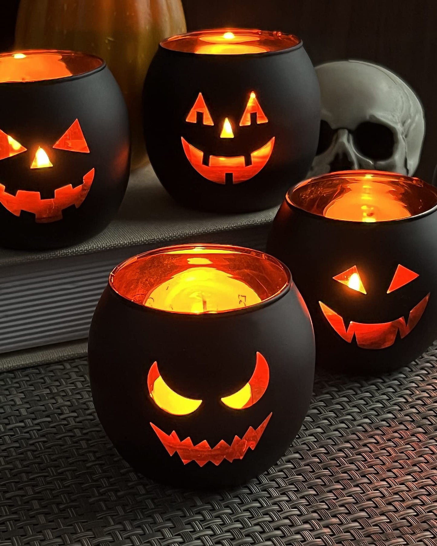 Halloween Table Decor Set of 6, Jack O Lanterns Black Glass Votive Tealight Candle Holders, Halloween Decorations Indoor Party Mantel Coffe Table Centerpiece Decor
