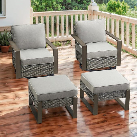 Rilyson Outdoor Wicker Patio Furniture Set - 4 Piece Patio Conversation Set with 2 Wicker Swivel Rocker Chairs,2 Rattan Ottoman, Thick Cushions, Deep Seating, Wide Armrest(Mixed Grey/Grey)