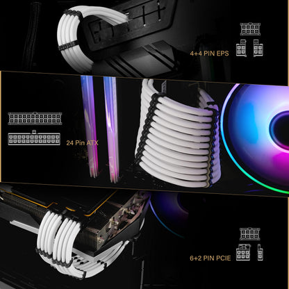 EZDIY-FAB PSU Cable Extension Sleeved Custom Mod GPU PC Power Supply Soft Nylon Braided with Comb Kit 24PIN/8PIN to 6+2Pin/ 8PIN to 4+4PIN-30CM 300MM - White