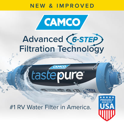 Camco Tastepure RV Water Filter - New & Advanced RV Inline Water Filter with Flexible Hose Protector - GAC & KDF Filtration - Made in USA - Camping Essentials for Fresh Drinking Water (40043)