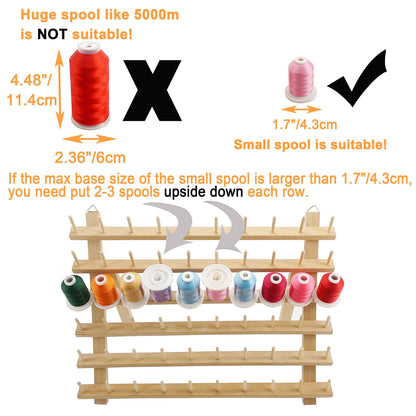New brothread 60 Spools Wooden Thread Rack/Thread Holder Organizer with Hanging Hooks for Sewing, Quilting, Embroidery, Hair-braiding