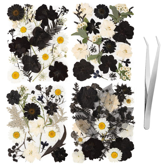 78 Pcs Black and White Dried Pressed Flowers with Tweezer, Halloween Themed Real Dried Flowers Leaves for DIY Crafts Resin Molds, Dried Flowers for Autumn Halloween Decorations