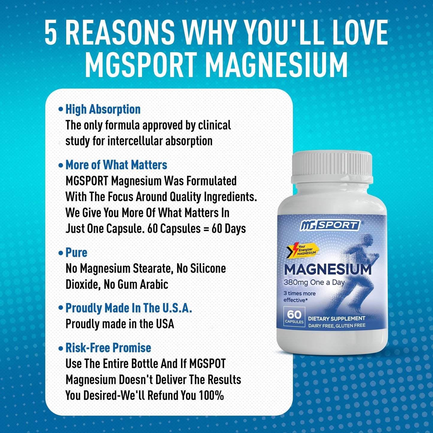 Magnesium Supplement Complex MGSPORT - High Absorption with Vitamins B6, D, E - Relieves Leg Cramps, Muscle Support & tensed Muscles 100 Servings