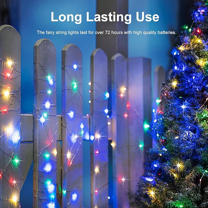 2 Pack Fairy Lights Battery Operated 200 LED 66Ft Silver Wire Starry String Lights Auto Timer 8 Modes Waterproof Mini String Lights for Outdoor Indoor Garden, Yard, Fence, Wedding Decor (Multicolor)