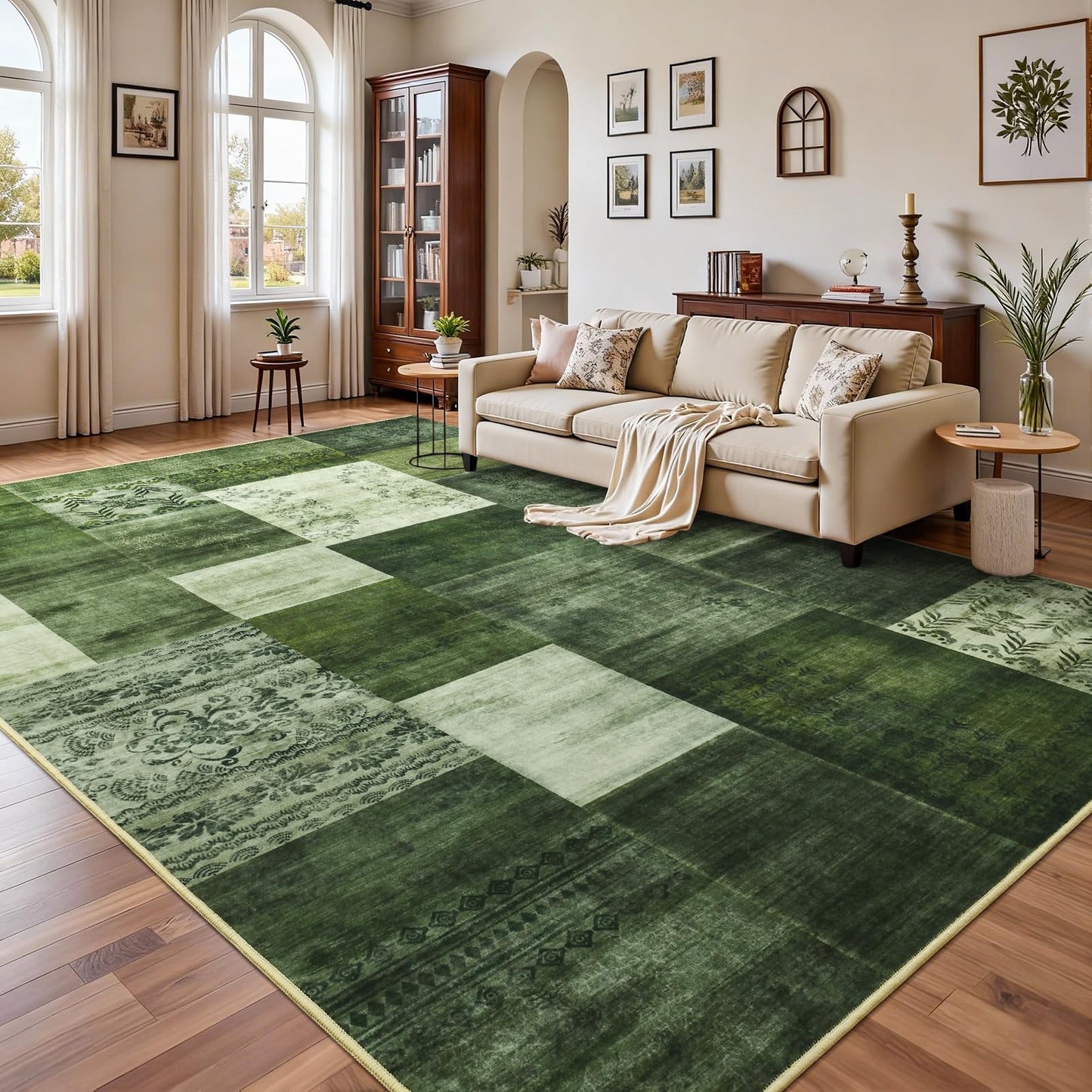 DweIke Washable Area Rugs 4x6 for Living Room, Modern Geometric Green Soft Patchwork Carpet, Non-Slip Stain Resistant Throw Rug for Bedroom Dining Room Office Home Decor