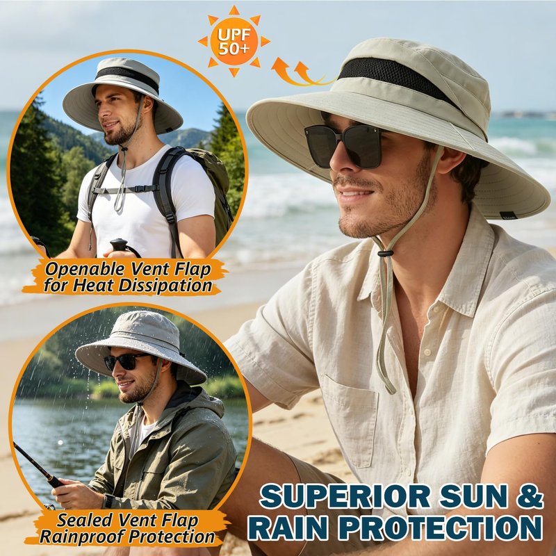 Men's UPF 50+ Waterproof Wide Brim Boonie Hat, Sun & Rain Protection Beige