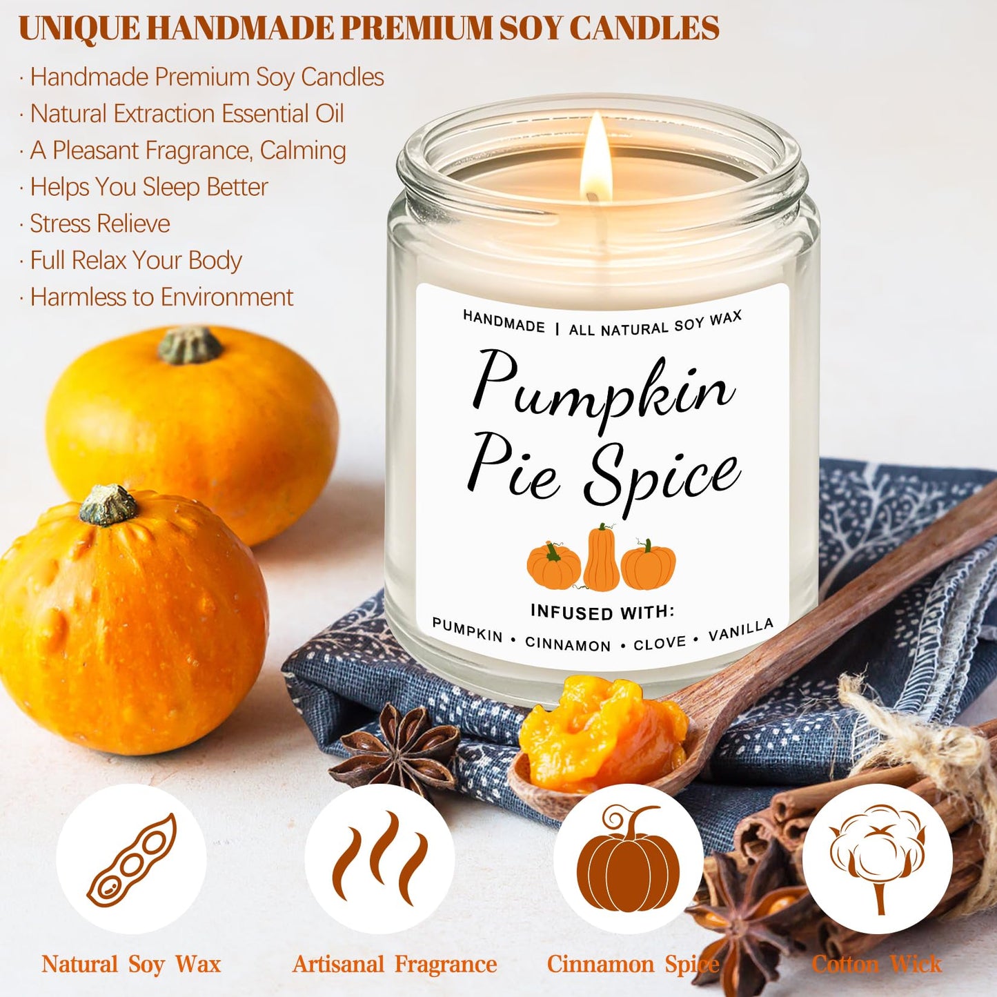 Homsolver Fall Candles, Pumpkin Cinnamon Spice Candle, Fall Candles Decorations for Home Gifts for Women Pumpkin Pie Spice Scented Candle Gifts