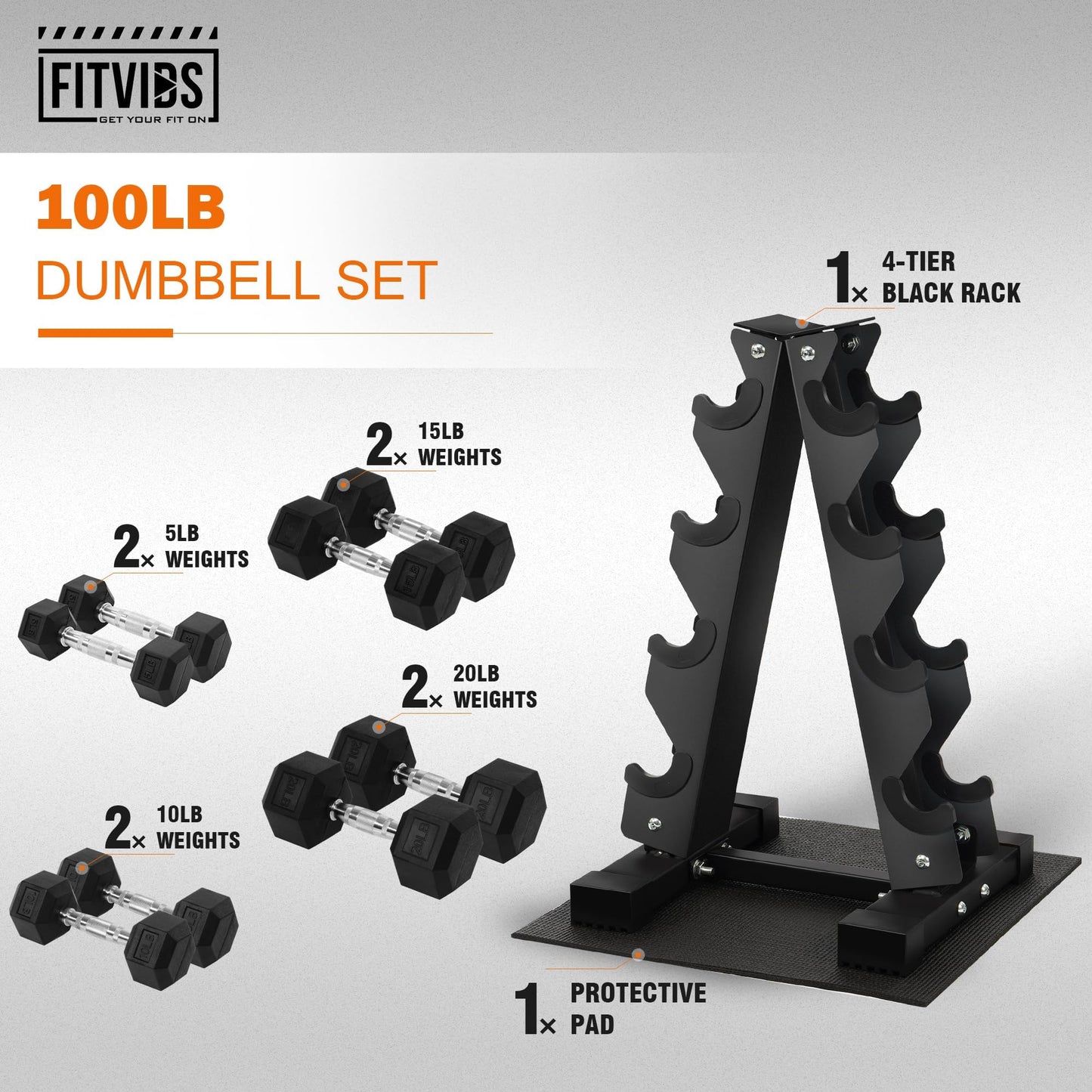 Fitvids Fitvids Rubber Coated Hex Dumbbell Weight Set and Storage Rack, 100LBS, 150LBS or 200LBS Set, 5-20 lbs, 5-25 lbs, 10-30 lbs Pairs