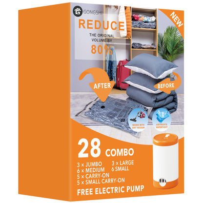 28 Pack Vacuum Storage Bags with Electric Pump, Plastic Packaging Bags,Space Saver Bag for Clothes, Mattress, Blanket, Duvets, Pillows, Comforters, Travel