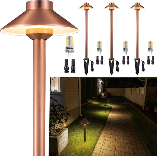 Gardenreet Solid Brass Copper Path Lights(Hat), 12V AC/DC Waterproof LED Sideway Lights Outdoor, Low Voltage Lighting Wired for Garden Walkway Driveway Garden Yard with 3W 2700K G4 Bulb(4 Pack)