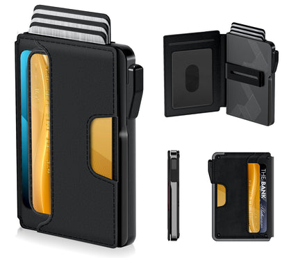 ILAOLIU Wallet for Men - Slim Leather Mens Wallet Pop up Card Holder with Money Clip,Credit Card Slots,ID Window - RFID Blocking Minimalist Wallet (Dark Black)