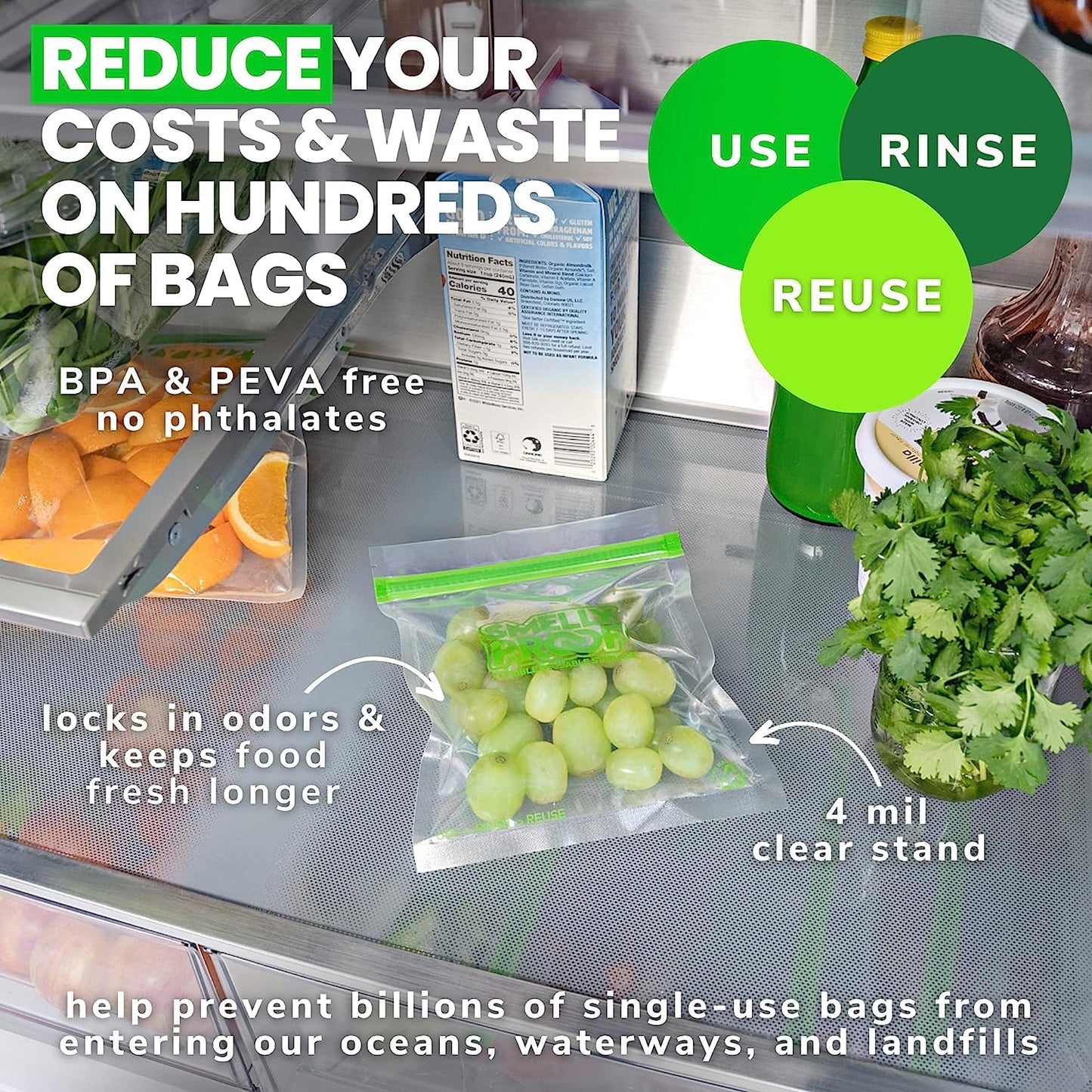 Smelly Proof 10 x Expandable Stand-Up & Fill REUSABLE Storage Bags for Food Designed & Mfg in US, NO PEVA, BPA FREE, Reusable Snack Bags, Dishwasher-Safe, Clear 3 mils STAND & FILL 6" x 4" - 10pk