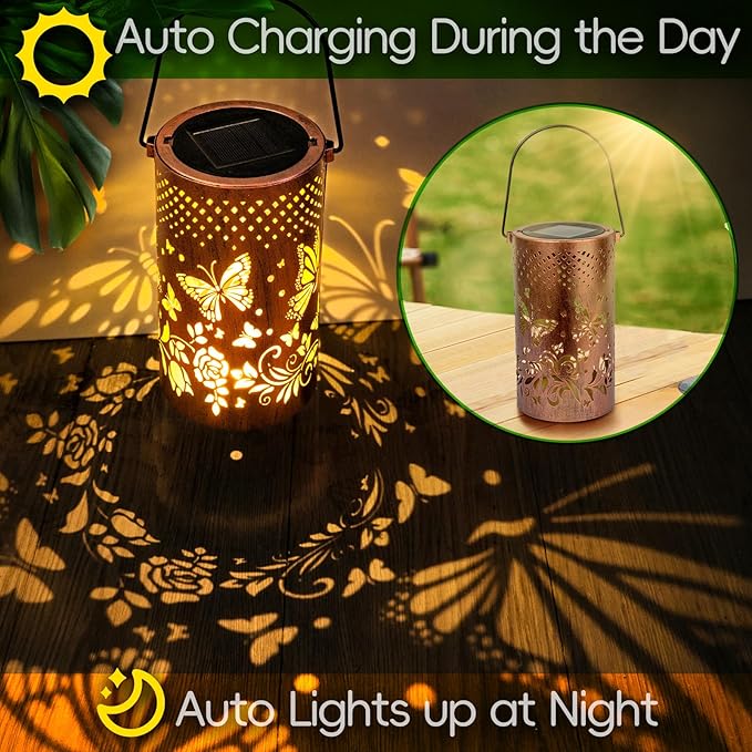 Boho Solar Lanterns Outdoor Birthday Gifts for Women Mom Grandma Metal Hanging Solar Powered Unique Garden Decorative LED Lights for Outside Yard Patio Lawn Porch Decor
