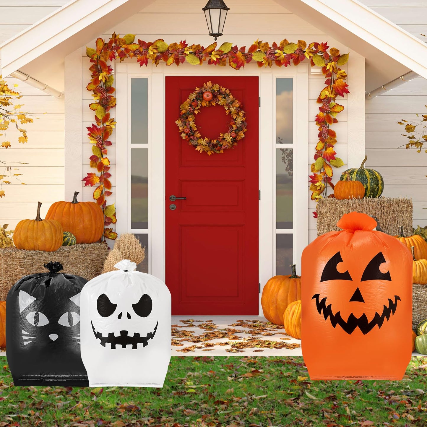 Guheake 9 Pcs Halloween Pumpkin Leaf Bags - Halloween Leaf Lawn Bags with Twist Ties, Plastic Jack-o-lantern Pumpkin Lawn Bag Thanksgiving Fall Leaf Trash Bags for Yard Lawn Garden Decorations Outdoor