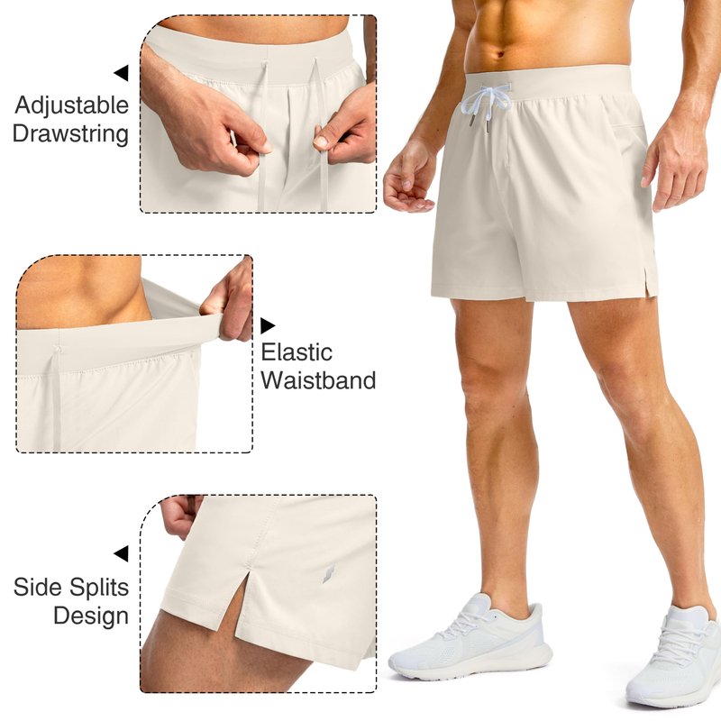 Soothfeel Men's Running Shorts with Zipper Pockets 5 Inch Lightweight Quick Dry Basketball Gym Workout Athletic Shorts for Men (Bone, S)