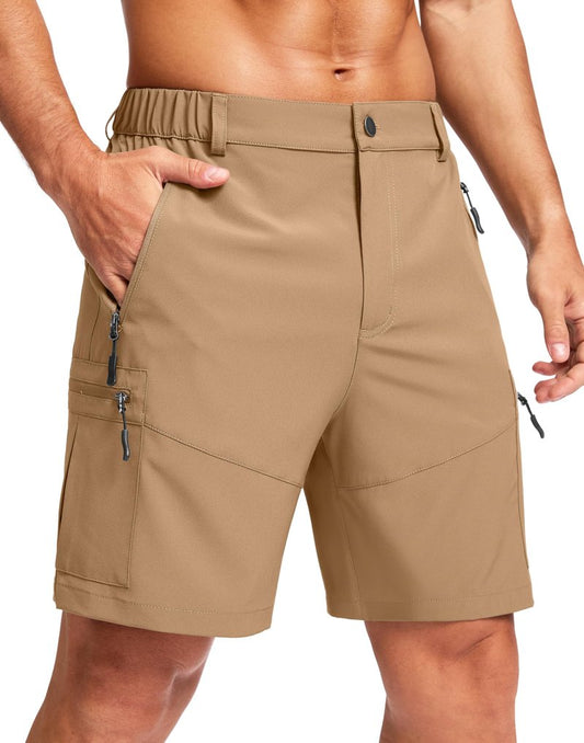 Pudolla Men's Hiking Cargo Shorts Lightweight 7" Travel Casual Shorts for Men Golf Work Outdoor with 5 Zipper Pockets(Dark Khaki Small)