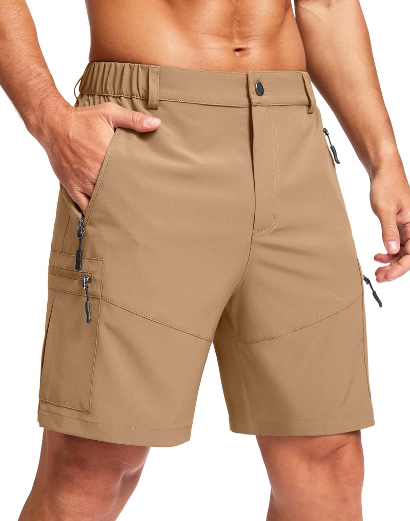 Pudolla Men's Hiking Cargo Shorts Lightweight 7" Travel Casual Shorts for Men Golf Work Outdoor with 5 Zipper Pockets(Dark Khaki Medium)