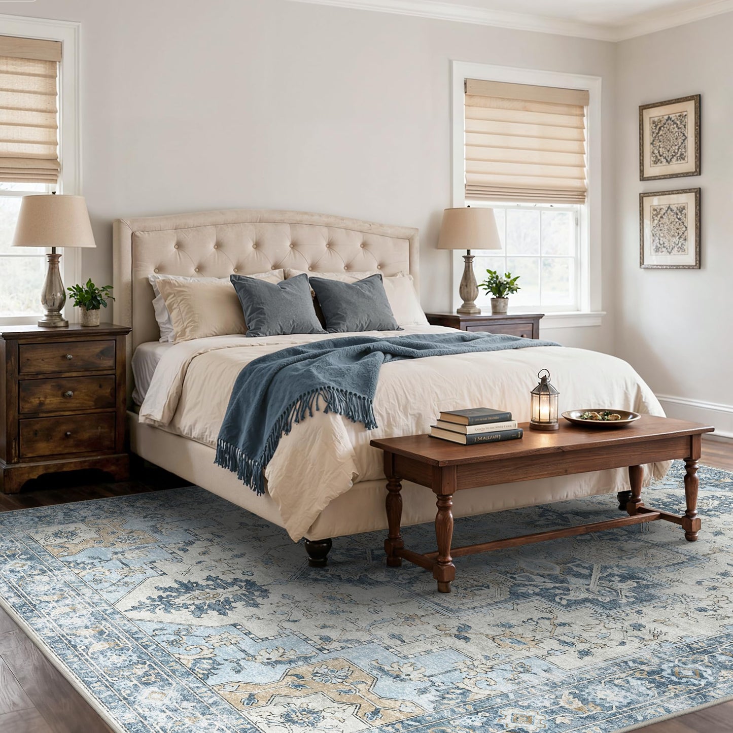 BESBLEE 9x12 Area Rugs for Living Room, Machine Washable Non Slip Vintage Rugs, Low Pile Lightweight Print Rug for Bedroom, Dining Room, Home Office, Blue