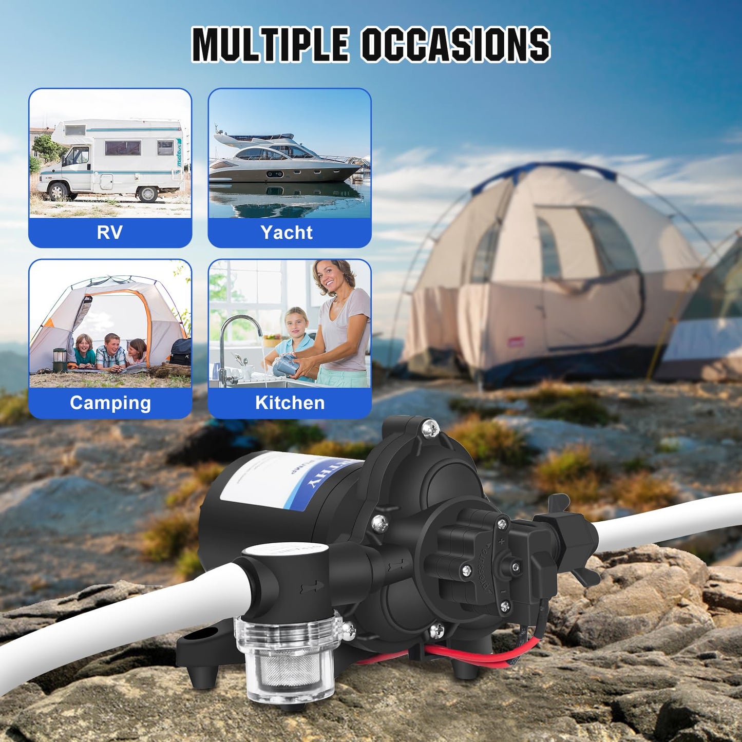 ECO-WORTHY RV Fresh Water Pump 12V DC 3.5GPM 45PSI with Pressure Switch, 12Volt Self Priming Water Pressure Diaphragm Pump On demand for RV Yacht Camper Sprayer Food Truck Black