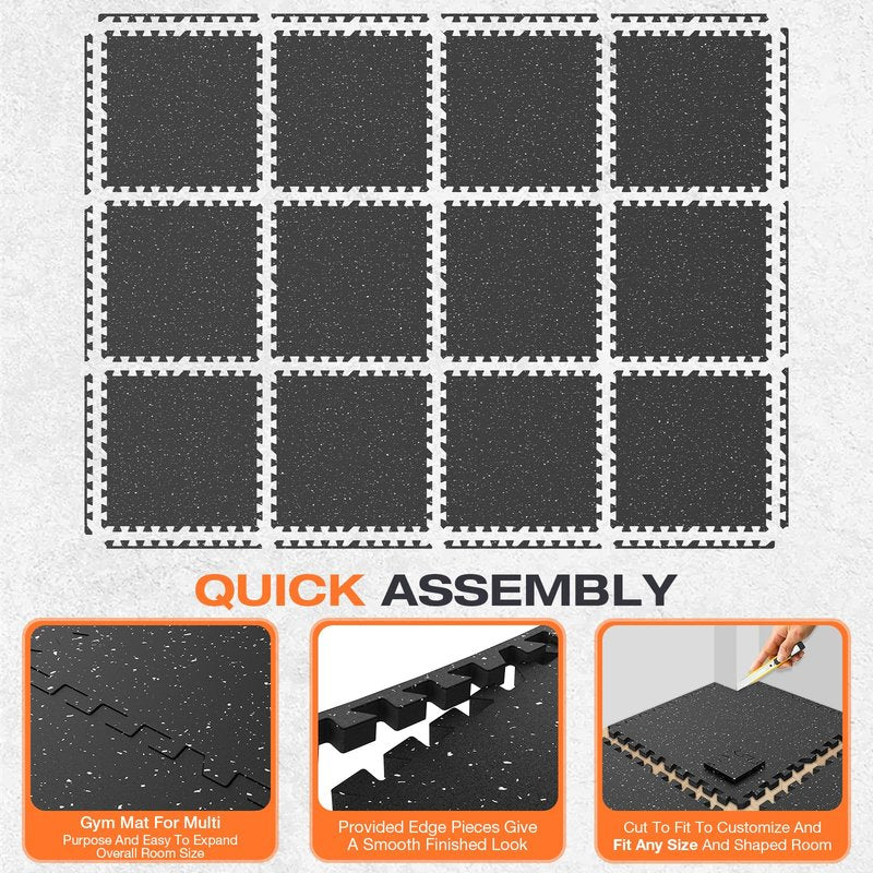 FLEXLIFT 0.56'' Thick 12 Pcs 48 Sq Ft Non-Slip Rubber Top Exercise Equipment Mats, High Density EVA Foam Mats with Rubber Top, Interlocking Puzzle Gym Flooring for Home Gym, Workout Floor Mats, Black
