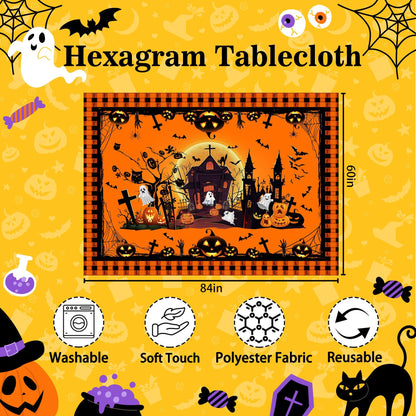 Hexagram Halloween Tablecloth Rectangle Pumpkin Tablecloths 60 x 84 inches Castle Ghost Table Cloth