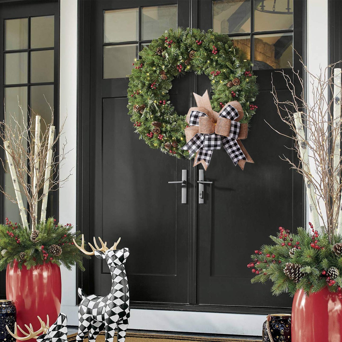 Black White Buffalo Plaid Burlap Wreath Bow Double Layed Gift Bows Wreath Bow Wall Ornaments Christmas Tree Topper Bows for Holiday Home Front Door Decorations, 12 x 9.4 inch