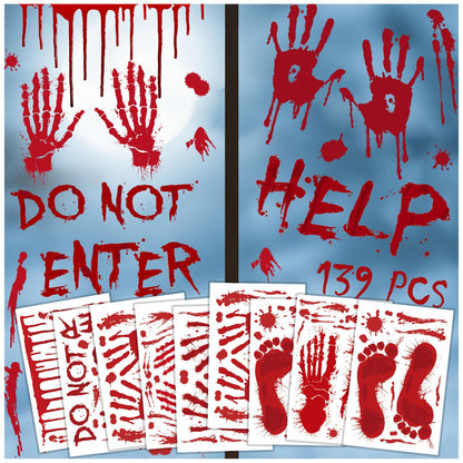 AREOK 139 Pcs Bloody Handprint Footprints Stickers - Halloween Bloody Window Clings Decals Decor Hand Prints - Spooky Scary Blood Halloween Window Decorations for Party Car Floor Mirror Door Bathroom