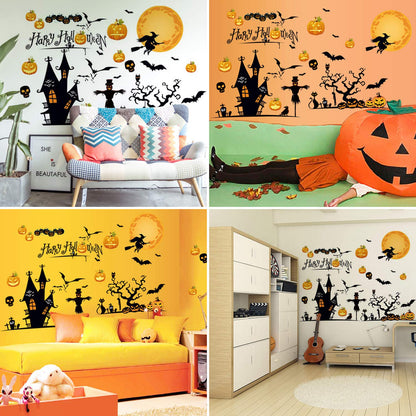 Happy Halloween Removable Wall Stickers Window Clings Art Decoration Vinyl Witch Bats Pumpkin Decals for Home Decor Indoor Outdoor