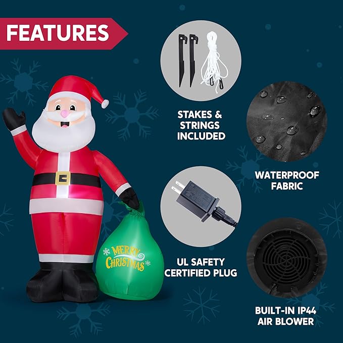 JOYIN 8FT Tall Christmas Inflatable Santa Outdoor Decoration for Yard, Blow Up Santa Decor Holding Gift Bags with Build-in LEDs for Xmas Party Decor Yard Outside Garden Holiday Decoration